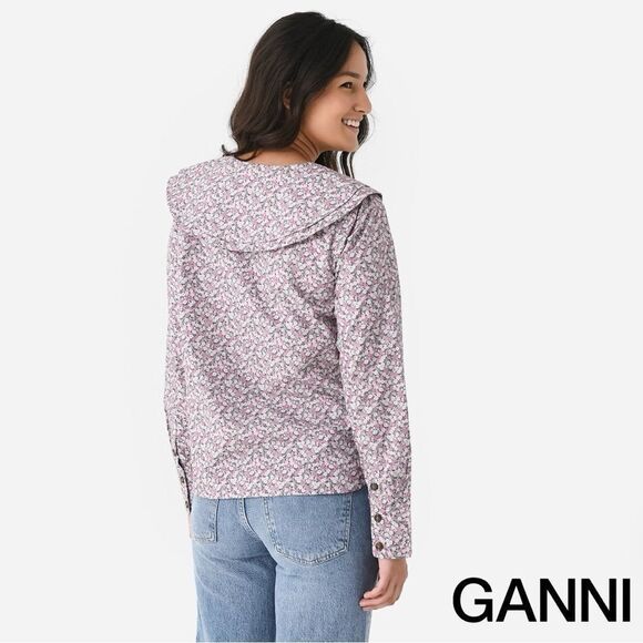 GANNI **NWT** Frost Gray Floral Print Cotton Poplin Double-Collar Shirt - Picture 12 of 16